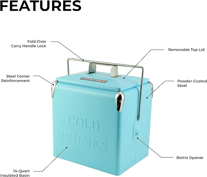 Permasteel 14-Qt Retro Vintage Portable Ice Chest, Hard Metal Personal Cooler for Camping, Beach, Picnic, Classic Style Ice Chest, Turquoise