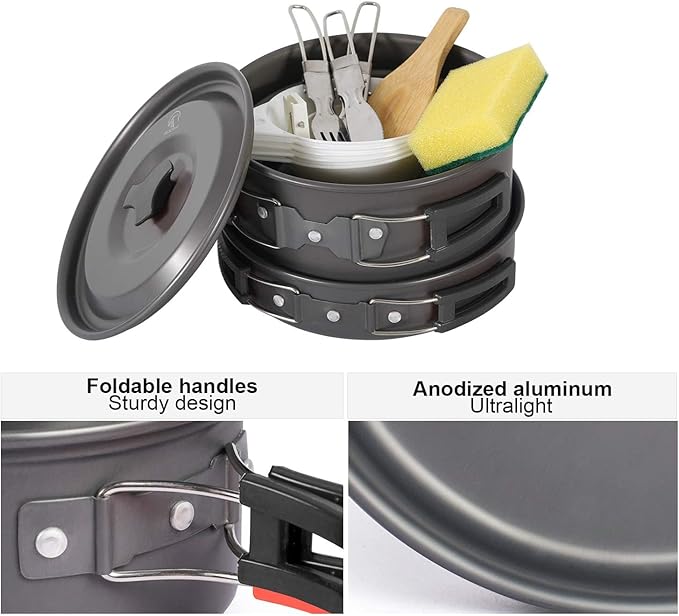 REDCAMP 12/14/15/19 PCS Camping Cookware Mess Kit Camping Gear Campfire Utensils Lightweight Stackable Pot Pan Bowls Soup Spoon with Storage Bag for Camping, Backpacking, Outdoor Cooking, Picnic