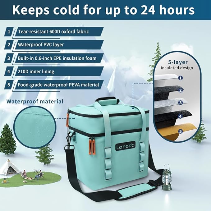 Lisa Lunch Soft Cooler 20/36 Can, Insulated Bag Portable Ice Chest Box for Lunch, Beach, Drink, Beverage, Travel, Camping, Picnic, Car, Trips, Cooler Leak-Proof