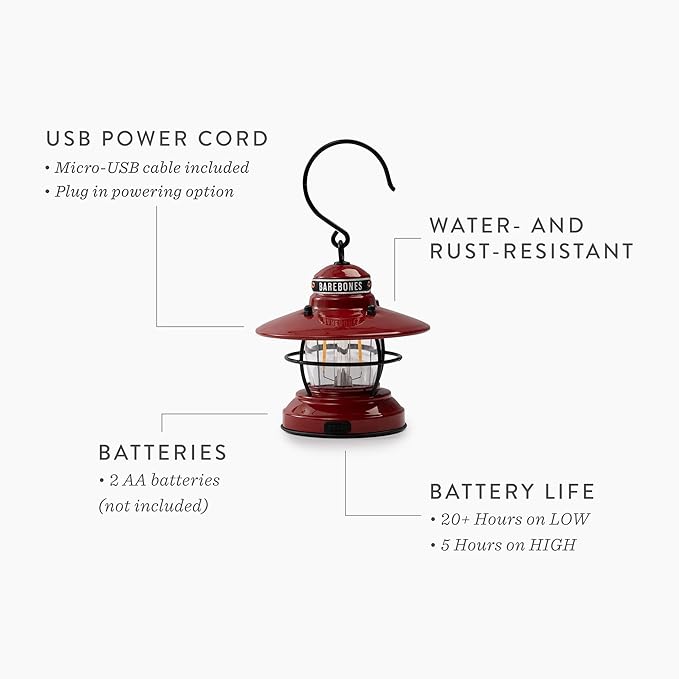 Barebones Edison Mini Vintage Adjustable LED Compact Outdoor Lantern - Essential Gear for Camping, Hiking, Fishing, Tents and Outdoor Adventures