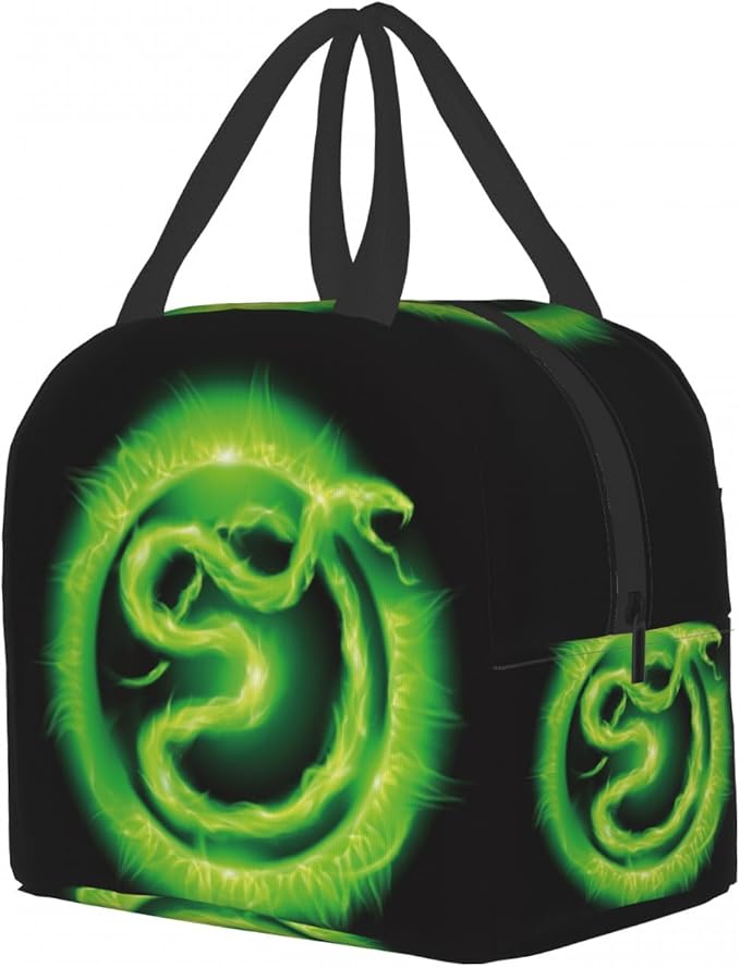 Giwawa Green Fire Snake Lunch Box, Insulated Lunch Cooler Tote Bags for Kids, Reusable Thermal Food Container Handbags for Teens Men Women Picnic Travel