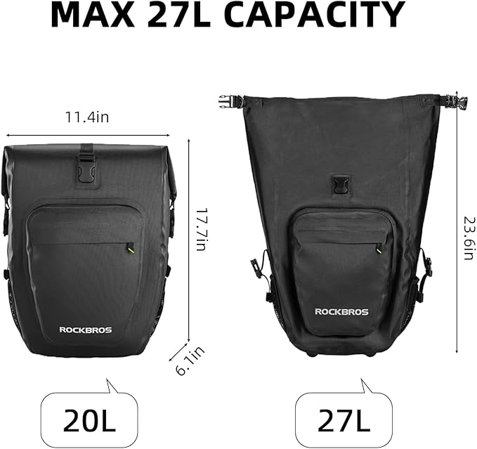 ROCKBROS Bike Pannier Waterproof 27L Large Capacity Bike Bag Rear Rack Bicycle Pannier Bag Waterproof for Grocery Touring Cycling Upgrade Black * 2