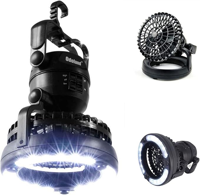 Odoland Bundle - 2 Items Portable LED Camping Lantern ＆ Portable Misting Fan with Light & 250mL Water Tank