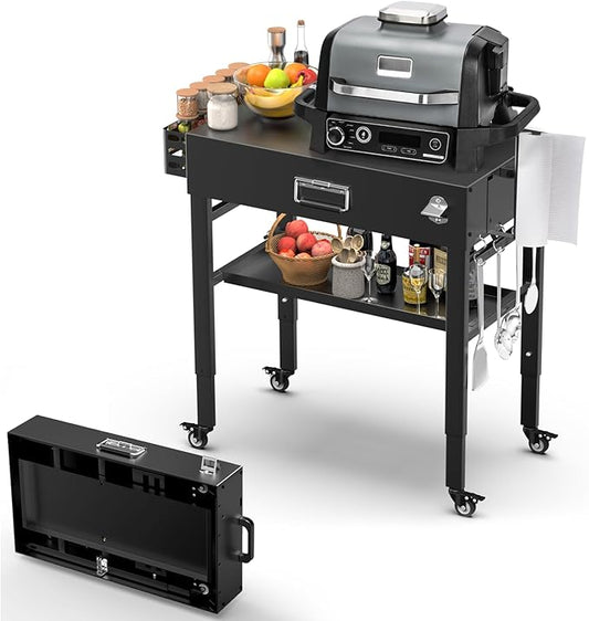 28" and 34" Upgrade Height & Quick-Fold Portable Grill Cart for Ninja Woodfire (OG700 Series), Blackstone 17"/22" Griddle, Pizza Oven – Outdoor Ninja Grill Stand with 4 Swivel Wheels