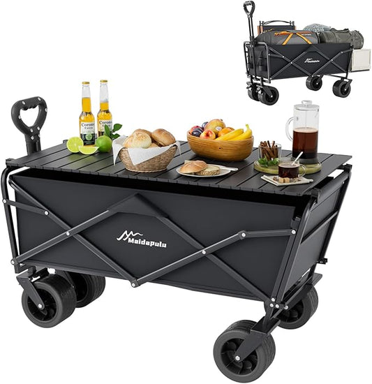 Collapsible Wagon Cart, Heavy Duty Folding Wagon with 430lbs,（with Table Top,with Tailgate）,All Terrain Large Wheel Beach,Camping Sports Garden Beach Grocery