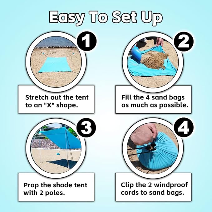 Beach Shade Tent, Portable Easy Pop Up Beach Canopy, UPF50+ Sun Protection Shelter, Windproof & Water Resistant, Perfect for Family