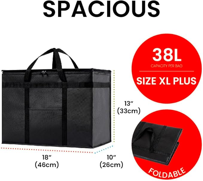 NZ home Insulated Cooler Bag and Food Warmer (XL Plus, 2 Pack) for Delivery & Grocery Shopping with Zippered Top, Green