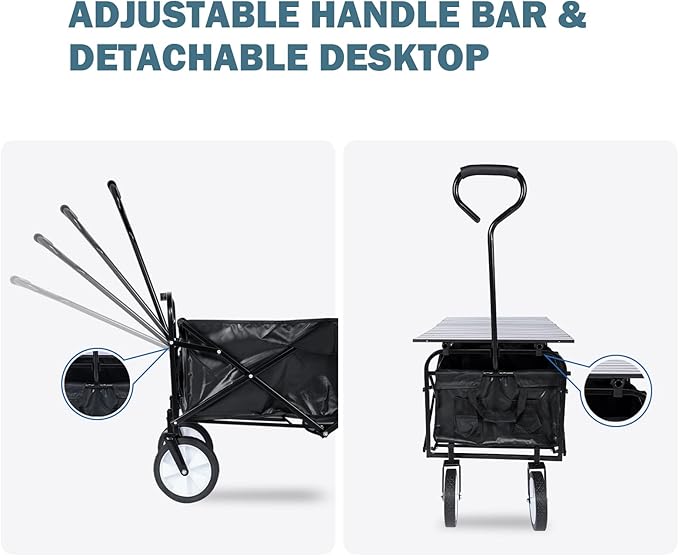 Heavy Duty Portable Folding Wagon and Collapsible Aluminum Alloy Table Combo Utility Outdoor Camping Cart with Universal Anti-slip Wheels & Adjustable Handle along with Metal Board Desktop, Black