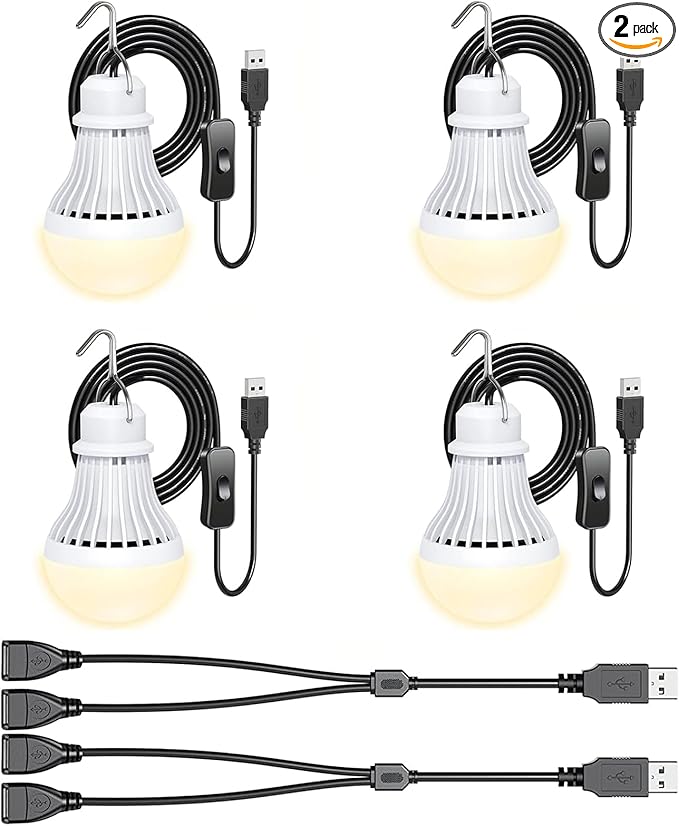 4 Pack USB Light Bulb, USB LED Camping Light Lantern, 8.2 ft Extra Length Cord Tent Light with USB Y-Cable, Portable LED Bulb for Garage Warehouse Car Truck Fishing Boat Room Emergency Light, Warm