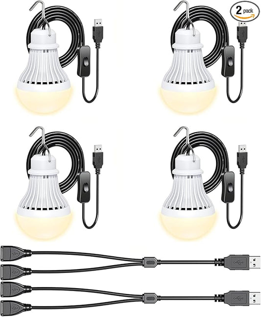 4 Pack USB Light Bulb, USB LED Camping Light Lantern, 8.2 ft Extra Length Cord Tent Light with USB Y-Cable, Portable LED Bulb for Garage Warehouse Car Truck Fishing Boat Room Emergency Light, Warm
