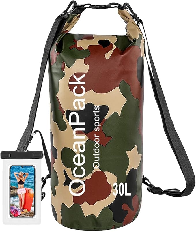 Waterproof Dry Bag 2L/5L/10L/20L/30L, Dry Sack for Kayaking Rafting Boating Beach Surfing Swimming, Camping, Hiking, Beach, Fishing Green Backpack with Waterproof Phone Case