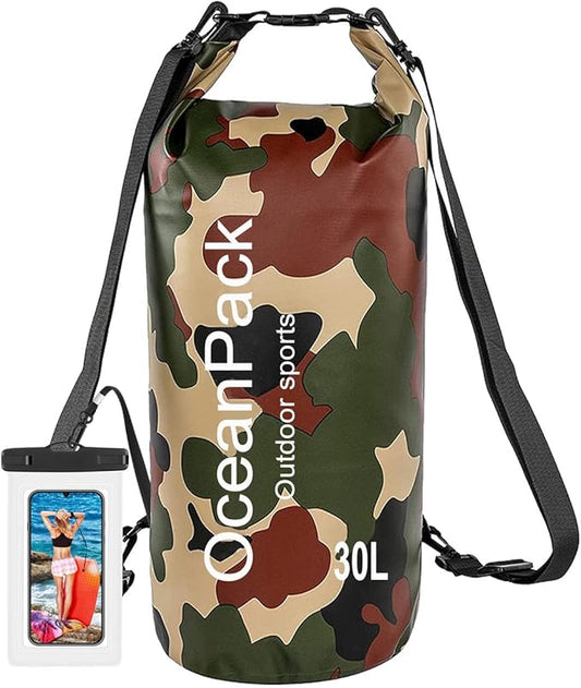 Waterproof Dry Bag 2L/5L/10L/20L/30L, Dry Sack for Kayaking Rafting Boating Beach Surfing Swimming, Camping, Hiking, Beach, Fishing Green Backpack with Waterproof Phone Case