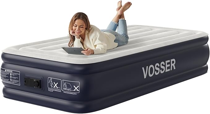 Twin Air Mattress with Built in Pump Raised,18''Inflatable Mattress of Upgraded Vertical Beams,Self Inflatable Blow Up Mattress in 3 Mins,Flocked Top Airbed with Carry Bag for Home,Camping