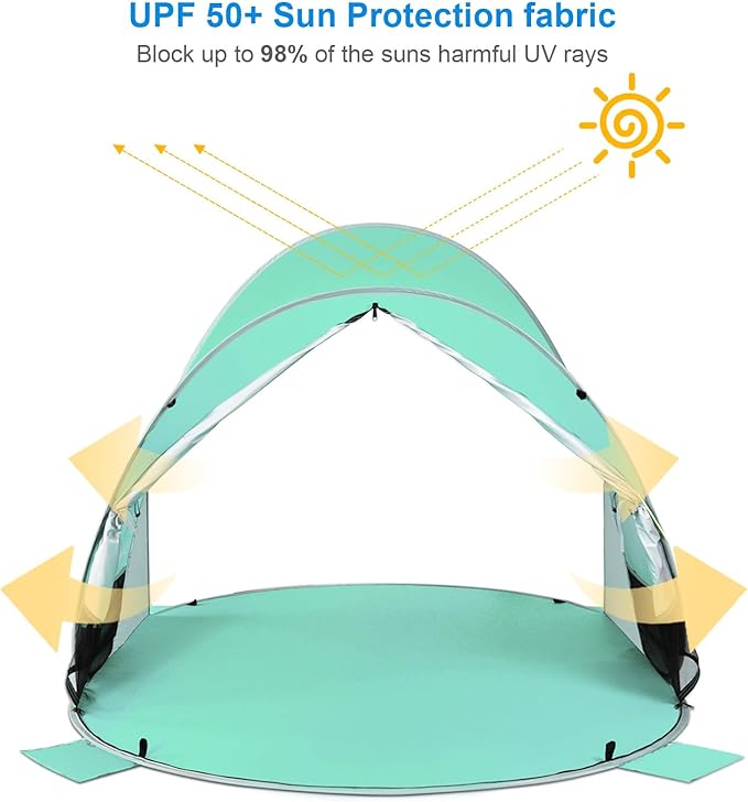 WolfWise UPF 50+ Easy Pop Up 3-4 Person Beach Tent Sport Umbrella Instant Sun Shelter Tent Sun Shade Canopy, Mint Green