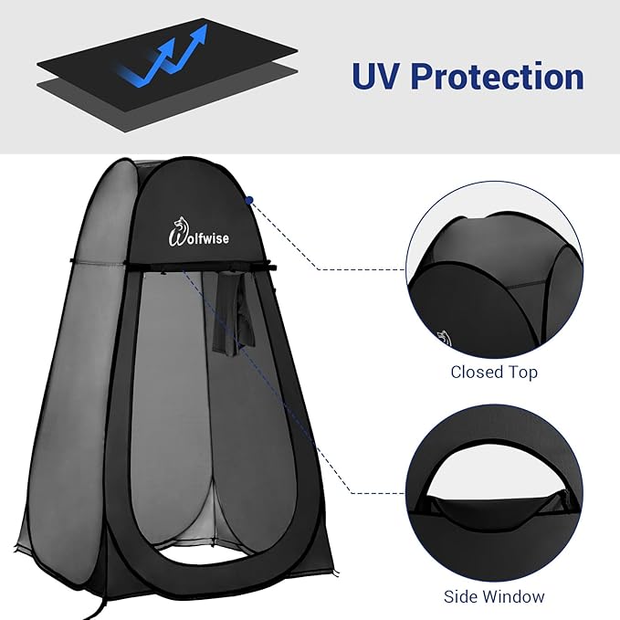 WolfWise Portable Pop Up Privacy Shower Tent, Spacious Changing Room, Dressing Room, Sun Sunshade Canopy Outdoor Rain Shelter, Backpack Privacy Shelters for Camping, Hiking, Beach, Toilet, Large Black