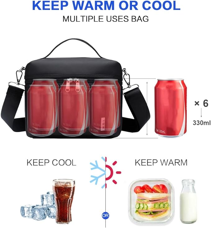 NOL Natural Organic Lifestyle Insulated Lunch Bags for Women Cooler Bag Lightweight Nylon Waterproof Lunch Box For Work(Small, Black)