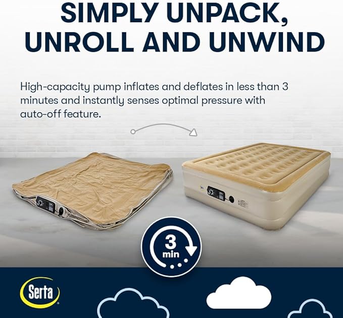 Serta Raised Air Mattress with Never Flat Pump | Luxury Inflatable Mattress with Built in Air Pump to Ensure a Good Night’s Rest | Heavy Duty Blow Up Mattress with Self Inflating Pump