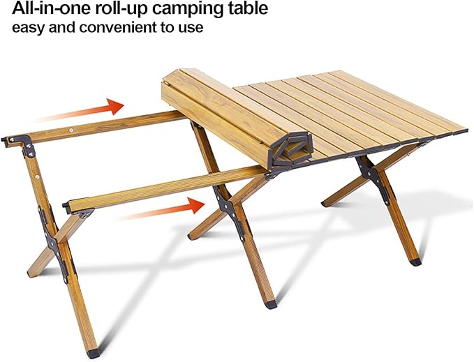 Folding Camping Table, Roll-Up Folding Table with Carry Bag, Portable Aluminum Picnic Table, Low Height Beach Table for Outdoor Use, Travel, BBQ & Hiking, Easy Assembly (Natural)