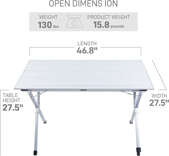 EVER ADVANCED Folding Camping Table, Aluminium Roll Up Table for Different Terrains, Collapsible Table for 4-6 People, Fold Up Lightweight with Carry Bag for Picnic Garden BBQ, Silver, 130LBS