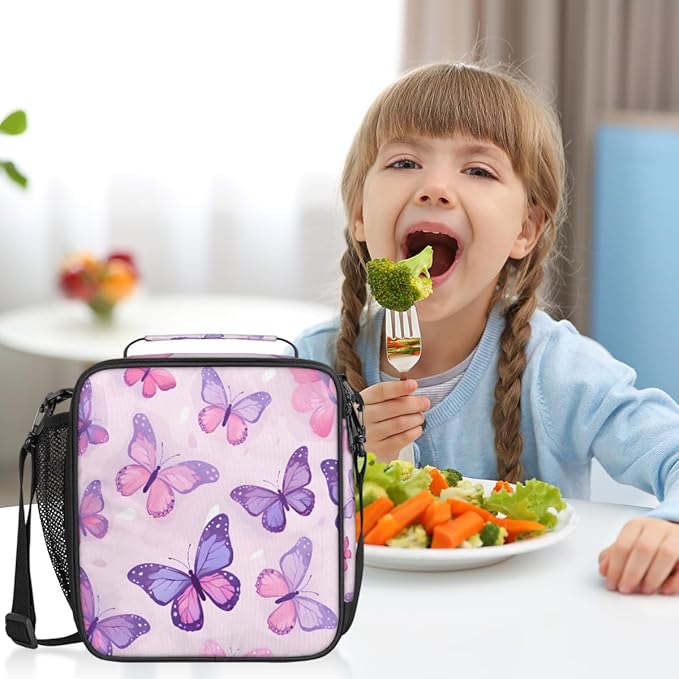Pardick Butterfly Kids Lunch Bag Purple Insulated Lunch Box Mini Cooler Back to School Thermal Meal Tote Kit Bento Tote Bags Thermal Lunchbox for Boys Girls