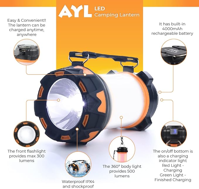 AYL LED Camping Lantern Rechargeable, Super Bright Lantern Flashlight and 360 Degree Illumination, Power Bank, IPX4 Waterproof for Hurricane Emergency Survival, Power Outages, Hiking, Home, Tent Light