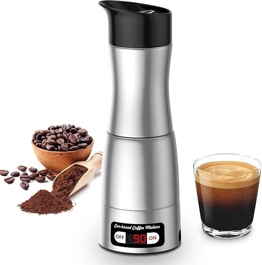 12V Coffee Maker for Car, Portable Coffee Maker with 24V for Truck, Stainless Steel Self-Heating 150ml Car Espresso Machine for Camping, RV, Travel
