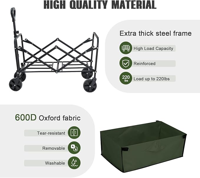 Collapsible Foldable Wagon,Wagons Carts Foldable with Wheels,Utility Grocery Folding Beach Wagon for Sand Garden Sports Shopping Outdoor(Light Green).