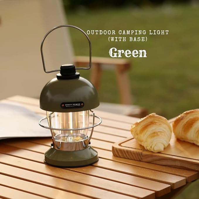 Crazy Power Camping Lantern Rechargeable LED Camping Light Premium Vintage Light 4500 mAh High Capacity Dimmable 3 Light Modes Waterproof for Camping Hiking Fishing Power Outages (CPB200 Green)