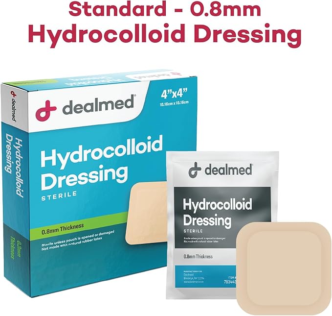 Dealmed Hydrocolloid Dressings–4” x 4” Standard Thickness Hydrocolloid Bandages, Wound Care Products for First Aid Kits, Box of 10 and Individually Packed