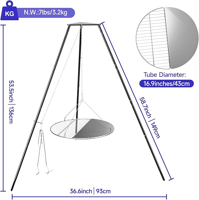 Tripod Cooker Campfire, Grill Grate with Adjustable Height for Cooking Over Fire & Collapsible Legs for Easy Storage