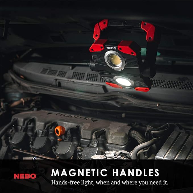 NEBO OMNI 2K Rechargeable Work Light | 2000 Lumens COB, 6 Light Modes, Rotating Magnetic Handles, Built-In Power Bank, Water Resistant, Portable Camping Lantern, Includes USB-C Charging Cable