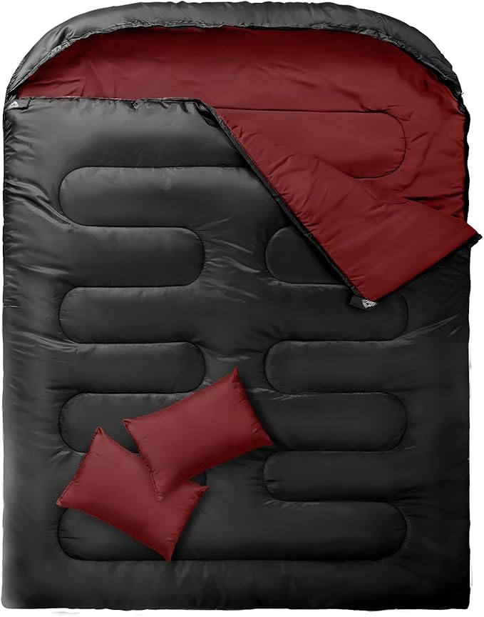 MEREZA Double Sleeping Bag, 2 Person Sleeping Bag for Adult Mens Camping, Two Person Sleeping Bag with Pillow Outdoor Indoor, XL Queen Size Sleeping Bag for Cold Warm Weather