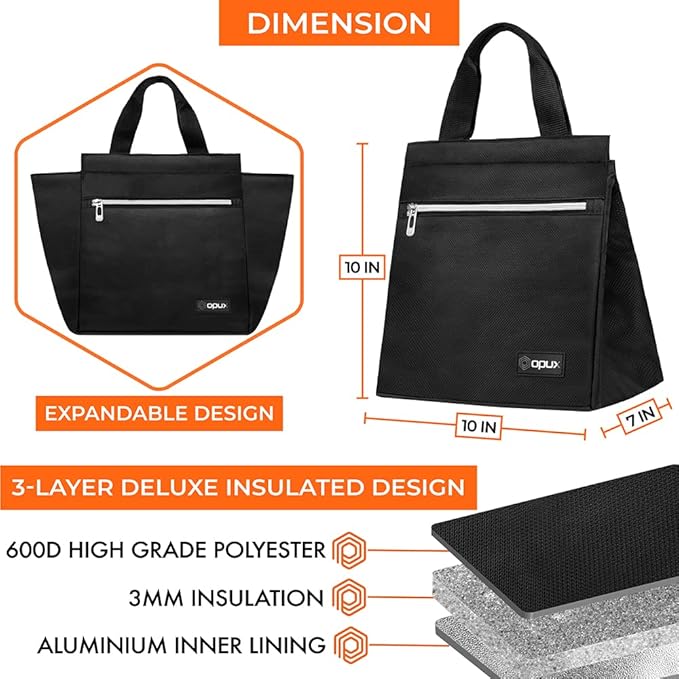 opux Lunch Bag for Women, Insulated Lunch Box Tote for Girls Kids Adult School Work, Reusable Womens Lunch Tote for Office Travel, Cute Small Lunch Tote, Fits 12 Cans - Black
