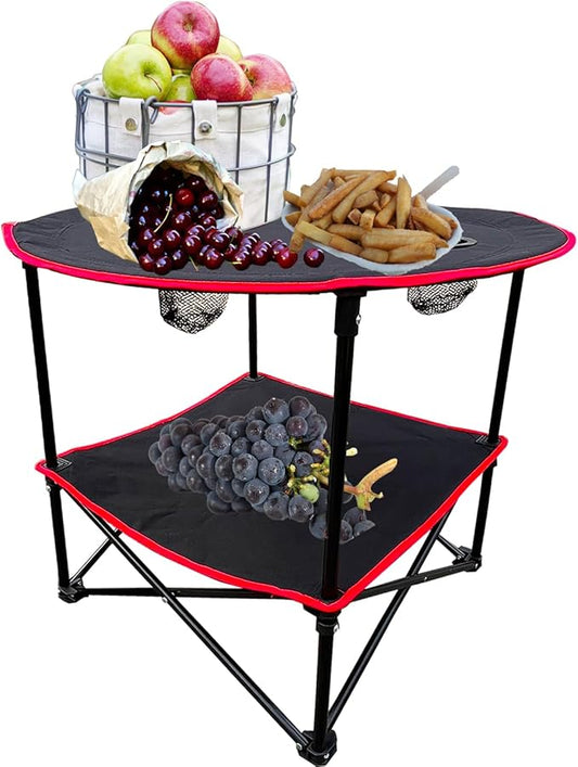 2 Tier Outdoor Camping Gear, Foldable Camping Table with Carry Bag and 4 Cup Holders,Lightweight Collapsible Canvas Table for Beach, Picnic, BBQ,Campfires,Fishing,Hiking,Tailgating