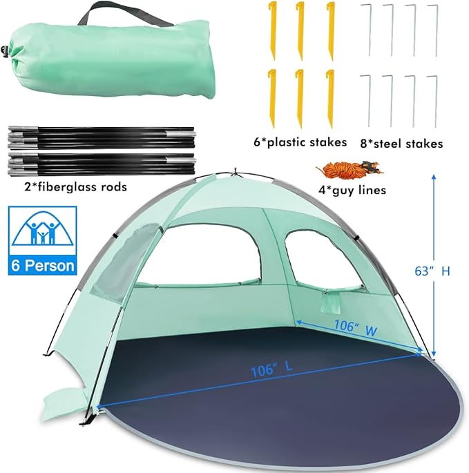 NXONE Beach Tent Sun Shade Shelter for 6 Person with UV Protection, Extended Floor, 3 Mesh Roll Up Windows & 8.5mm Fiberglass Rods丨Carry Bag Included (Mint Green)