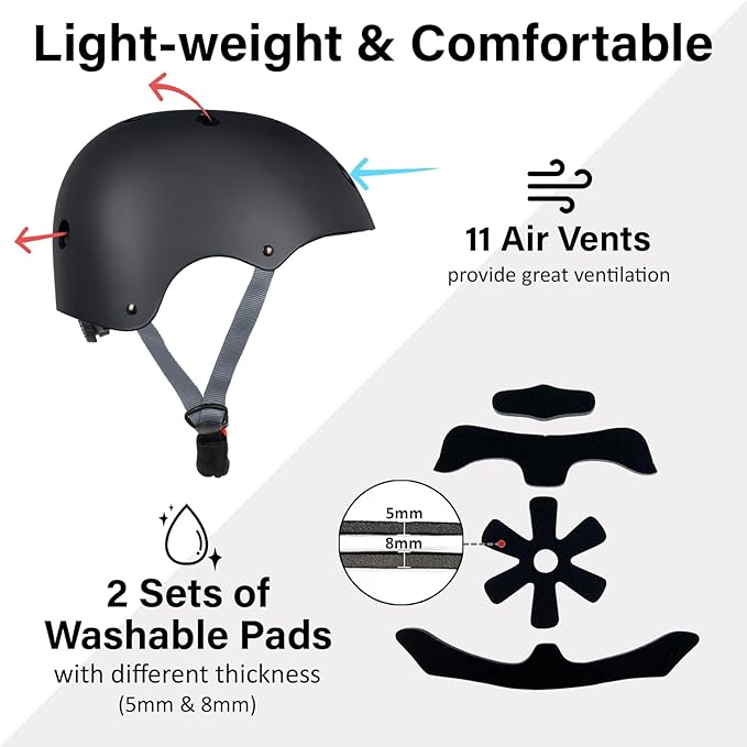 Skateboard Bike Helmet, Lightweight Adjustable, Multi-Sport for Bicycle Skate Scooter, 3 Sizes for Adult Youth & Kids