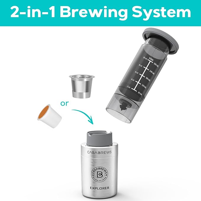 CASABREWS KP3000 Portable Coffee Maker, 2 in 1 Small Travel Coffee Machine for K Cup Pod or Ground Coffee, Quick Coffee Press Kit with Stainless Steel Cup, Cup Lid, Straw and Storage Bag