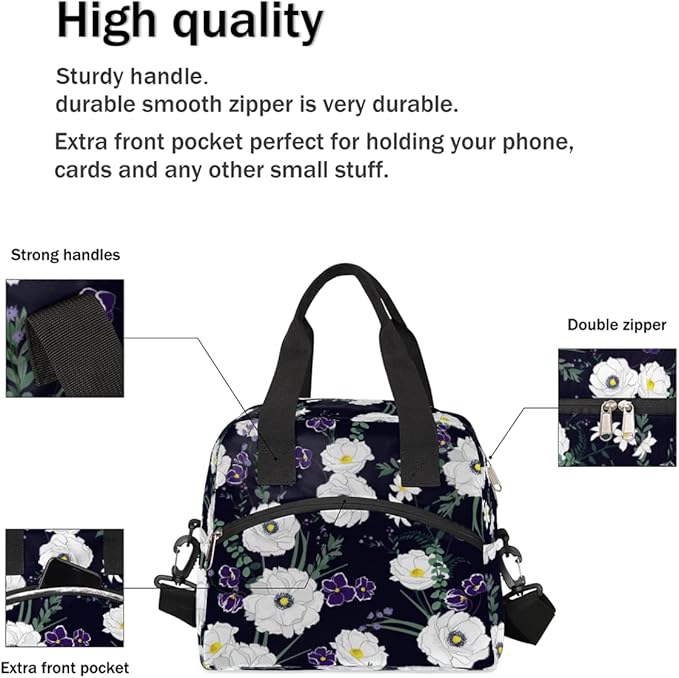 Flower Floral White Insulated Lunch Bags for Women Men Adult Reusable Lunch Tote Therma Cooler Bag with Shoulder Strap Lunch Box for School Work Office Picnic Meal Prep Bag