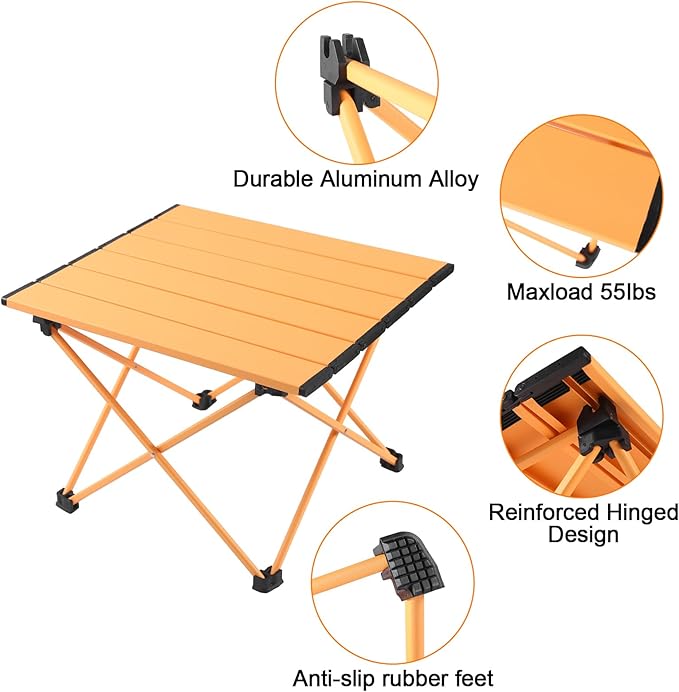 Tesouro Portable Camping Table,Folding Side Table Aluminum Top for Outdoor Cooking, Hiking, Travel, Picnic (Apricot, Medium)