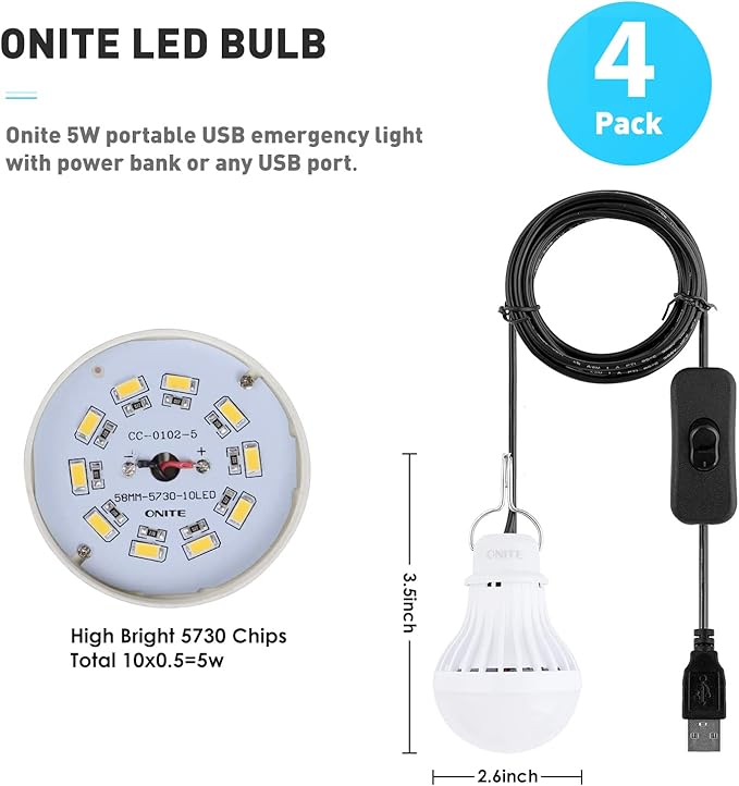 Onite 4-Pack USB LED Light Bulb | 2700K Warm White | Emergency Backup Lighting for Camping, RV, Garage, and Power Outage Preparedness