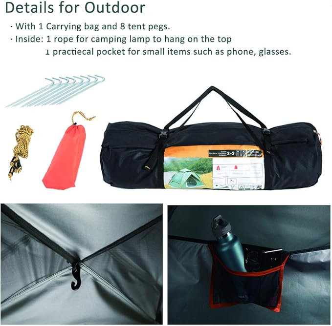 Diamond Candy Pop Up Tents for Camping 2-3 Person, 3000mm Waterproof Tent, Instant Setup in 60 Seconds, 2 Ventilated Mesh Doors, 8x7 ft Sun Shelter