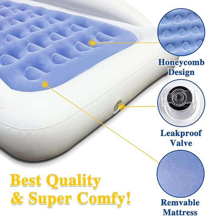 Inflatable Kids Travel Bed Toddler Air Mattress Set,Portable Blow Up Mattress Sleeping Bed Cot with Bed Rails and Electric Pump Ideal for Road Trip