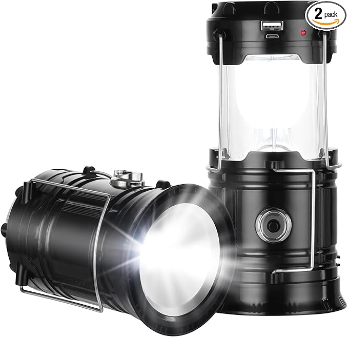 Solar Camping Lantern for Power Outages - USB Rechargeable Lamp Camping Essentials，Collapsible Waterproof Solar Lights for Indoor Outdoor Emergency Light/2 Packs