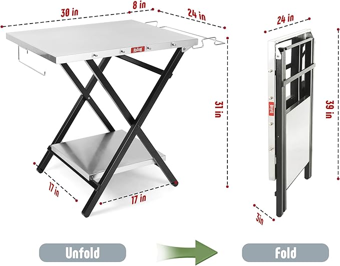 Foldable Grill Table with Extra Storage Bottom Shelf, Outdoor Indoor Foldable Outdoor Grill Stand Table with Garage Rack & Tissue Holder,Easy Set-up, 30" x 24", Silver