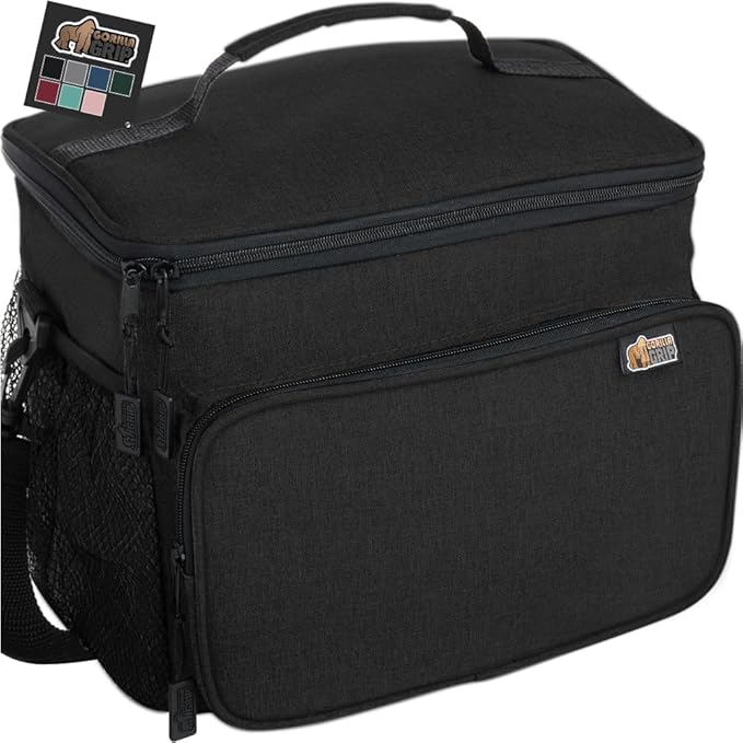 GORILLA GRIP Reusable Insulated Lunch Box Bag for Women Men,15L, Leakproof XL Soft Cooler Bags, Multiple Compartments, Mesh Pockets and Adjustable Strap, Food Tote Keeps Drinks Cold, 13x9, Black