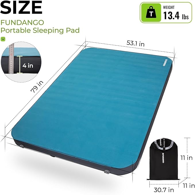 FUNDANGO Queen Sleeping Pad for Camping, 2 Person Self-Inflating Air Mattress Cot, Foldable Camping Mat with Pump Sack Bag, Camping Essentials for Tents Car, Outdoor & Home