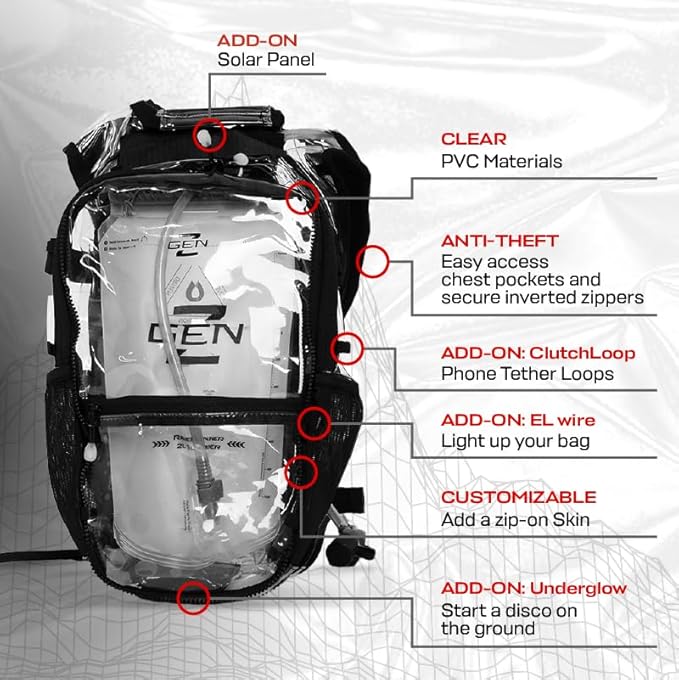 RAVERUNNER® Clear Hydration Pack | Festival Approved Hydration Backpack Clear with 2L Bladder & Quick Disconnect Hose | Clear Camelbak Water Backpack, Clear Hydration Backpack, Clear Camelbak