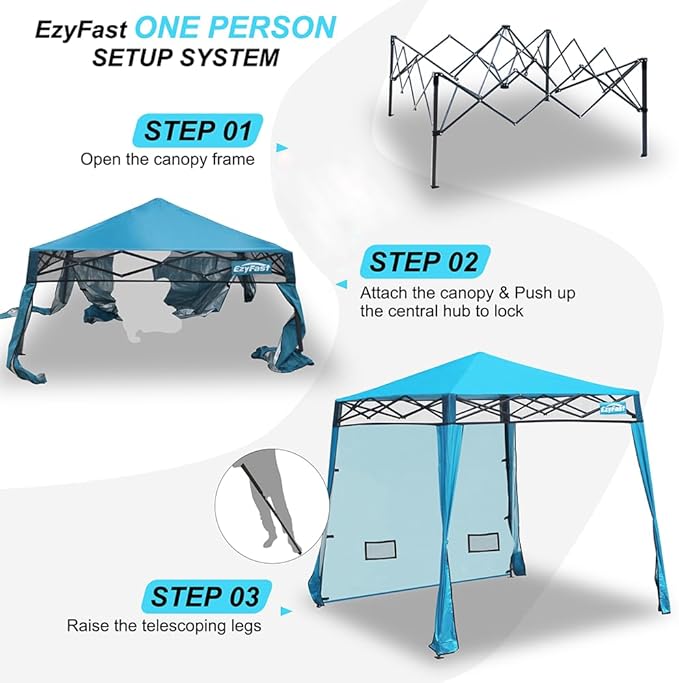 EzyFast Compact Pop Up Canopy Tent, Collapsible Instant Shelter, Portable Sports Cabana, With Built-in Weight Bags, 8 x 8 ft Base / 6 x 6 ft Top for Camping,Hiking,Fishing,Family Outings (Mosaic Blue)