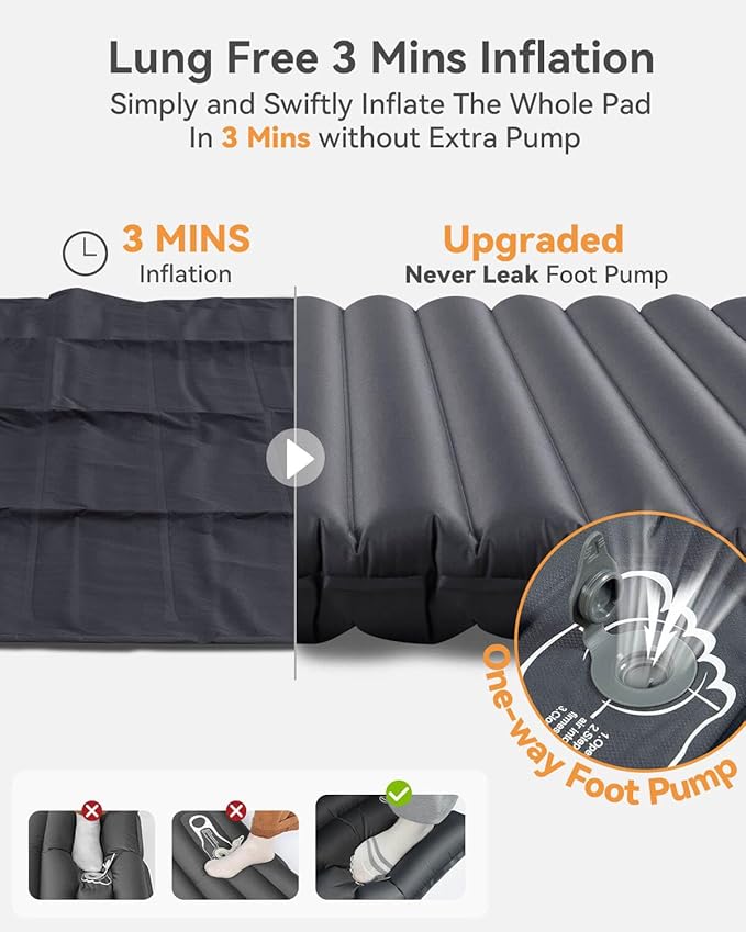 Hikenture Double Sleeping Pad for Camping, 4" Extra-Thick Camping Mattress 2 Person, Inflatable & Ultralight Sleeping Mat for Backpacking, Hiking (Grey Foot Pump, Full XL)