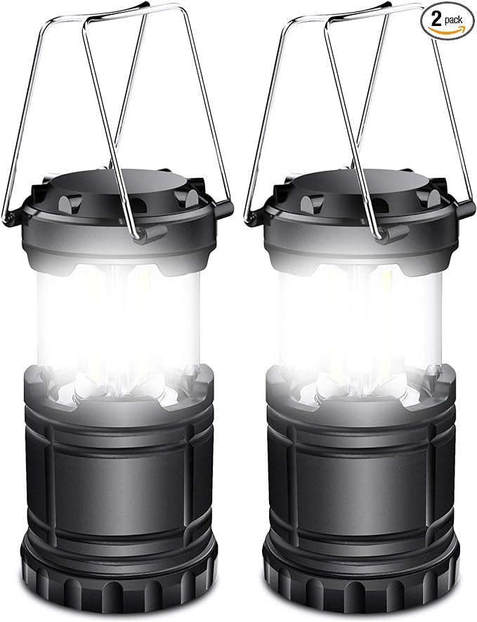 EXTRASTAR 2 Pack LED Battery Operated Lights, Portable Survival Battery Powered Lamp, Waterproof Camping Lantern, Suitable for Hurricane, Emergency, Storm, Outages, Outdoor Collapsible Lanterns, Black